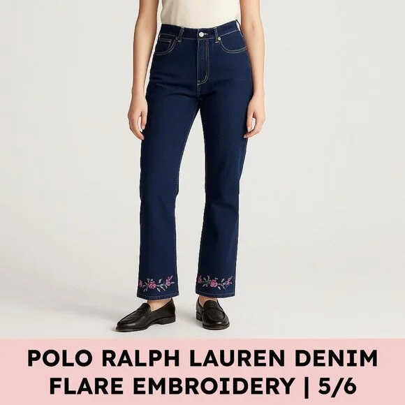 Vintage Polo Ralph Lauren Girls Jeans 100% Cotton Embroidered Floral Hem Y2K 5/6